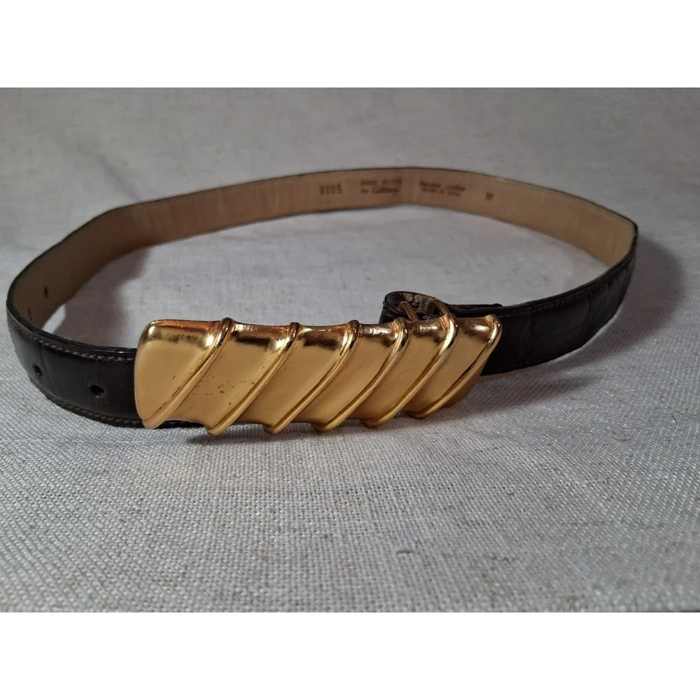 Vintage Anne Klein Calderon #8095 Medium BROWN Leather Belt 80's  Gold Front
